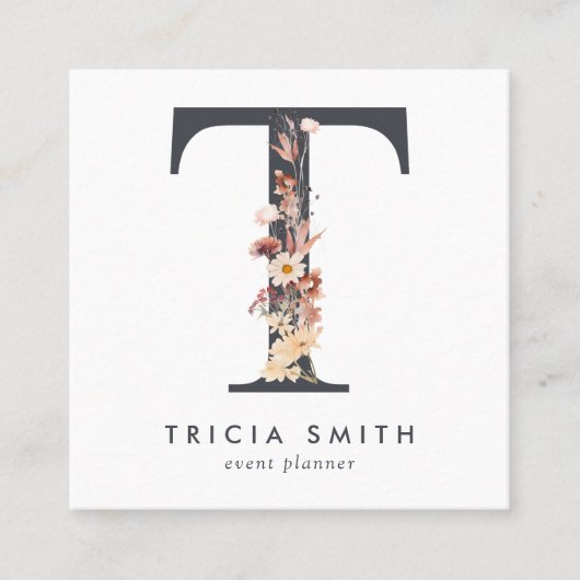 Boho Wildflower Initiaal T QR-code Vierkante Visitekaartje (Voorkant)