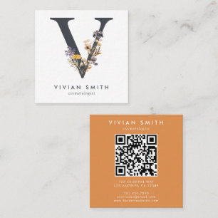 Boho Wildflower Initiaal V QR-code Vierkante Visitekaartje
