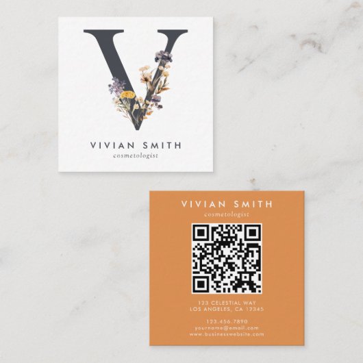 Boho Wildflower Initiaal V QR-code Vierkante Visitekaartje (Voorkant / Achterkant)