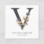 Boho Wildflower Initiaal V QR-code Vierkante Visitekaartje (Voorkant)