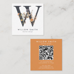 Boho Wildflower Initiaal W QR-code Vierkante Visitekaartje