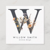 Boho Wildflower Initiaal W QR-code Vierkante Visitekaartje (Voorkant)