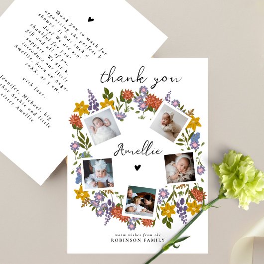 Boho Wildflower Krans Foto Collage Baby shower Bedankkaart