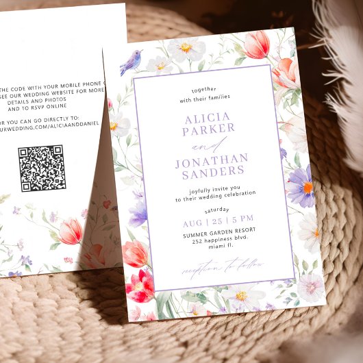 Boho wildflower lavender all in one QR wedding Kaart