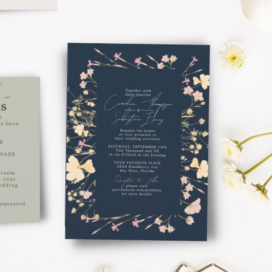 Boho Wildflower Lijst Navy Wedding Kaart