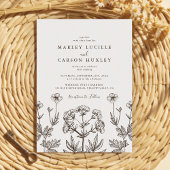 Boho Wildflower Line Art White Texture Wedding Kaart