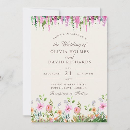 Boho Wildflower Meadow en Acacia Bruiloft Kaart (Voorkant)