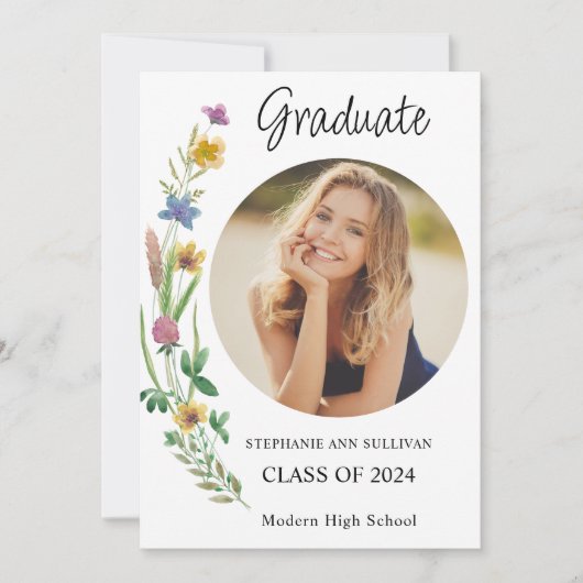 Boho Wildflower Meisje Foto Middelbare School Afst Aankondiging (Voorkant)