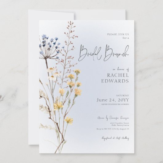 Boho Wildflower Modern Blauw Bruids Brunch Kaart (Voorkant)