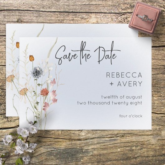 Boho Wildflower Modern Blue Save the Date Kaart