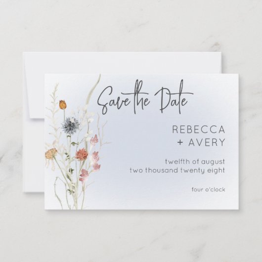 Boho Wildflower Modern Blue Save the Date Kaart (Voorkant)