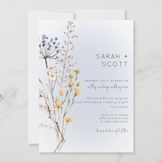 Boho Wildflower Modern Blue Wedding Invitation Kaart (Voorkant)