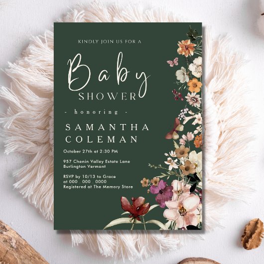 Boho Wildflower Modern Dark Green Cute Baby shower Kaart