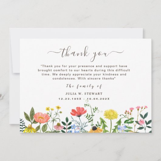 Boho Wildflower Modern Uitvaart Dankbetuiging Kaart (Voorkant)