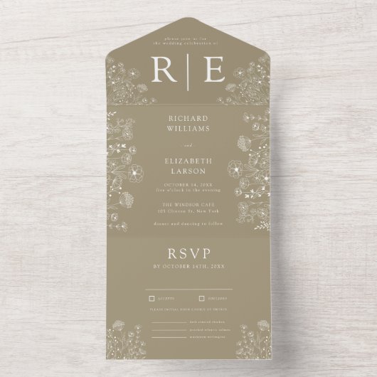 Boho Wildflower Modern Waterverf Wedding All In One Uitnodiging (Binnen)