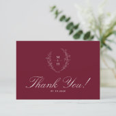 Boho Wildflower Monogram Elegant Burgundy Wedding Bedankkaart (Staand voorkant)