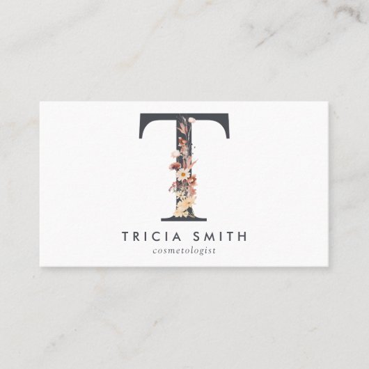 Boho Wildflower Monogram Initiaal T Visitekaartje (Voorkant)
