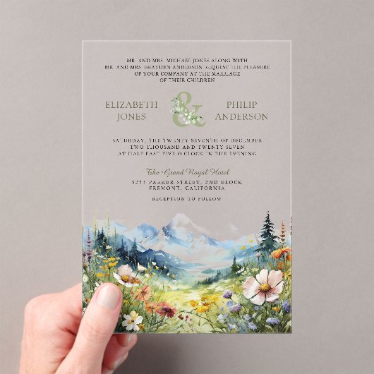 Boho Wildflower Mountain Meadow Wedding Acryl Uitnodigingen (Insitu (Draagbaar))