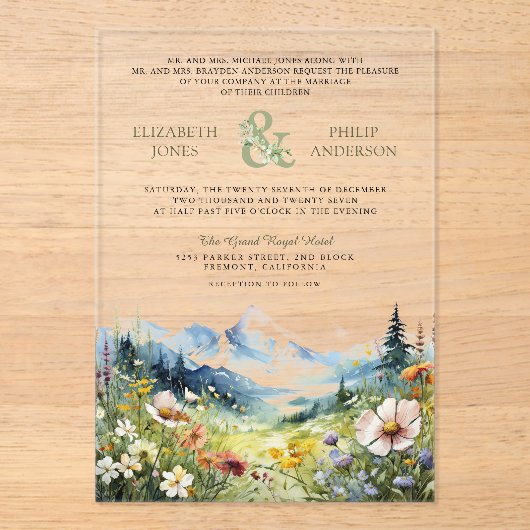 Boho Wildflower Mountain Meadow Wedding Acryl Uitnodigingen (Voorkant)