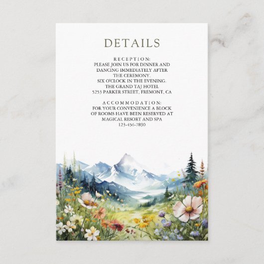 Boho Wildflower Mountain Meadow Wedding Details Informatiekaartje (Voorkant)