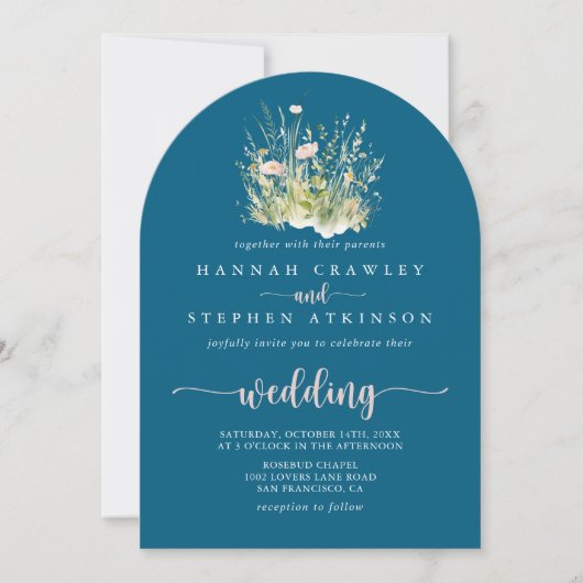 Boho Wildflower Navy Arch voor & achter bruiloft Kaart (Voorkant)