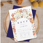 Boho Wildflower Navy Blauw en Wit Huwelijk RSVP Kaartje