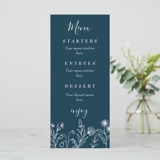 Boho wildflower navy blauwe bruiloft menu (Staand voorkant)
