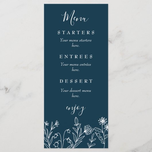 Boho wildflower navy blauwe bruiloft menu (Voorkant)