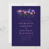 Boho Wildflower Navy Blauwe Roze Trouw QR Code Kaart (Voorkant)