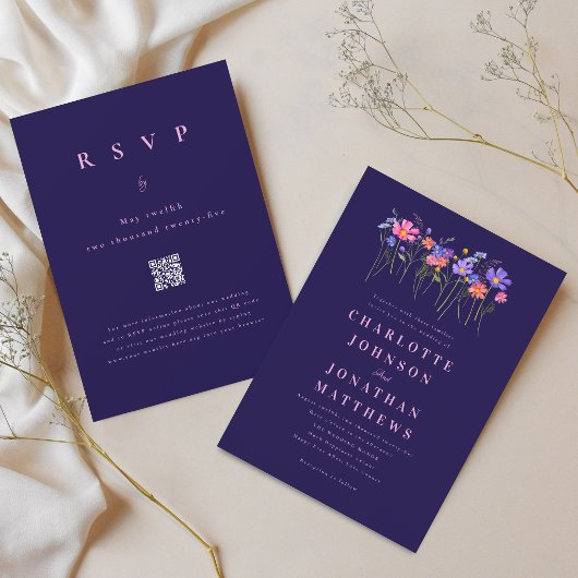 Boho Wildflower Navy Blauwe Roze Trouw QR Code Kaart