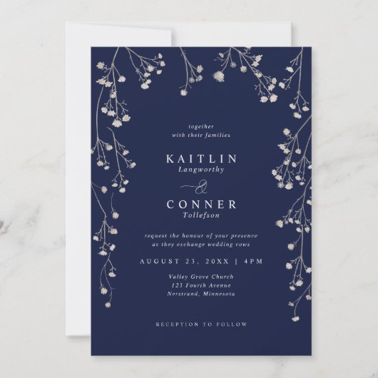 Boho Wildflower Navy Blue Baby's Breath Wedding Kaart (Voorkant)