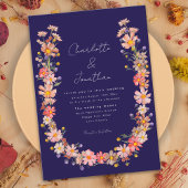 Boho Wildflower Navy Blue Fall Wedding Kaart