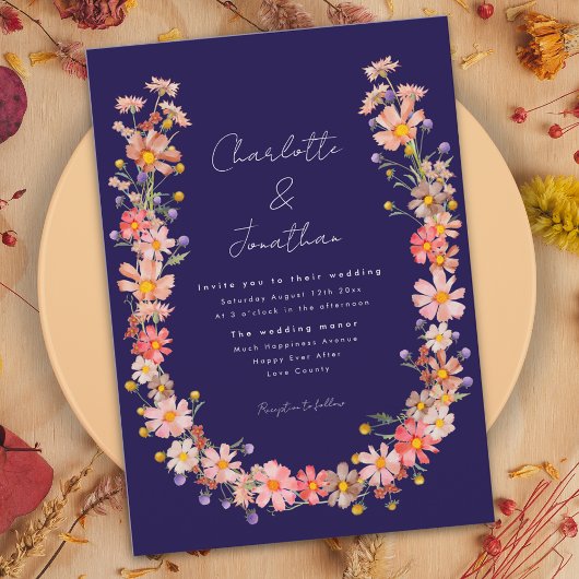 Boho Wildflower Navy Blue Fall Wedding Kaart
