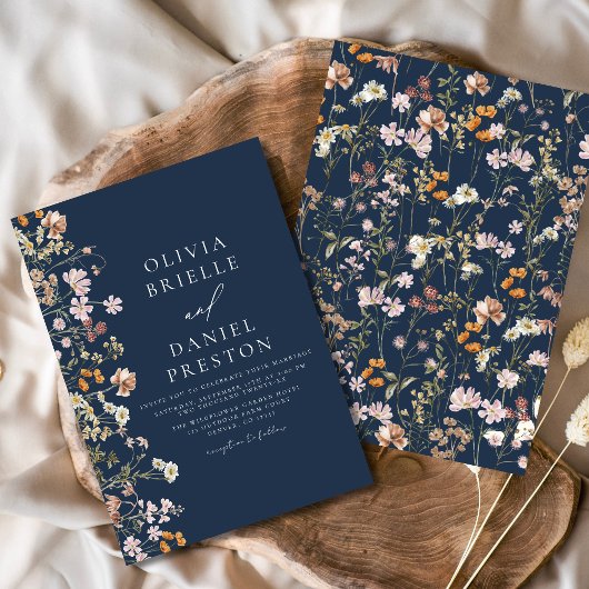 Boho Wildflower Navy Blue Garden Wedding Kaart