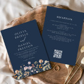 Boho Wildflower Navy Blue QR Code Wedding Kaart