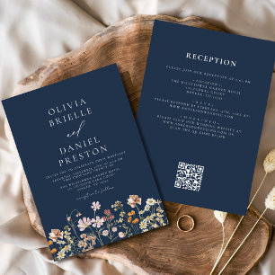 Boho Wildflower Navy Blue QR Code Wedding Kaart