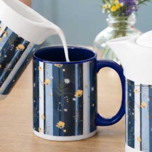 Boho Wildflower Navy Gestreepte Moderne Huisdecora Mok