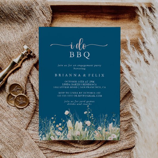 Boho Wildflower Navy I Do BBQ Engagement Party Kaart