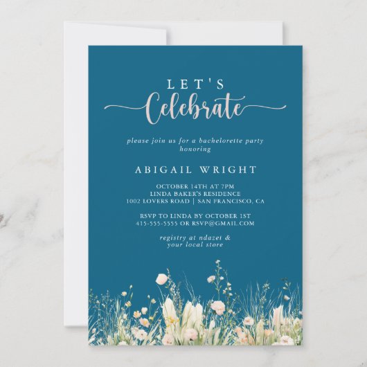 Boho Wildflower Navy Let's Celebrate Party Kaart (Voorkant)