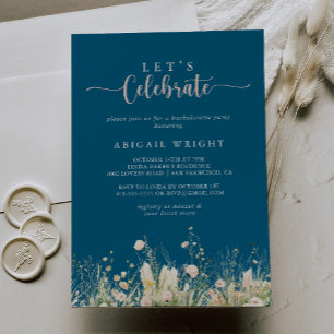 Boho Wildflower Navy Let's Celebrate Party Kaart