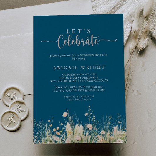Boho Wildflower Navy Let's Celebrate Party Kaart