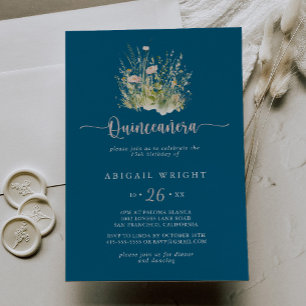 Boho Wildflower Navy Quinceañera Uitnodiging