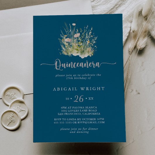 Boho Wildflower Navy Quinceañera Uitnodiging
