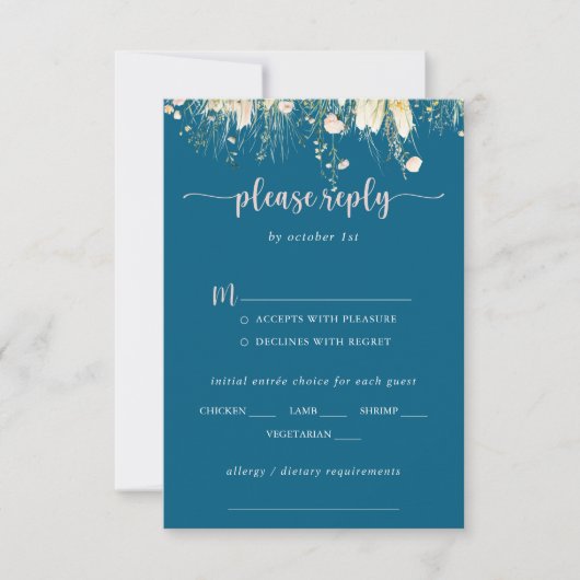 Boho Wildflower Navy Wedding Menu Keuzemenu RSVP (Voorkant)