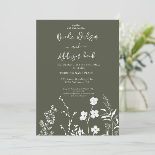 Boho Wildflower Olijfgroene Huwelijks Uitnodiging (Staand voorkant)