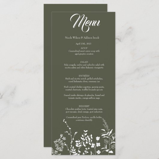 Boho Wildflower Olive Groen Bruiloft Uitnodiging (Voorkant / Achterkant)