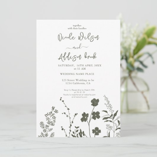 Boho Wildflower Olive Groen Bruiloft Uitnodiging (Staand voorkant)