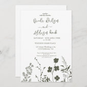 Boho Wildflower Olive Groen Bruiloft Uitnodiging (Voorkant / Achterkant)