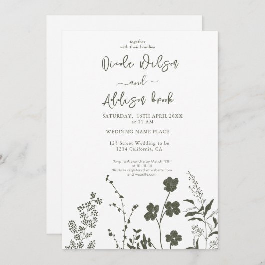 Boho Wildflower Olive Groen Bruiloft Uitnodiging (Voorkant / Achterkant)