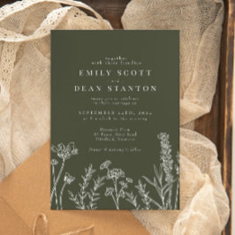 Boho Wildflower Olive Groen Bruiloft Uitnodiging